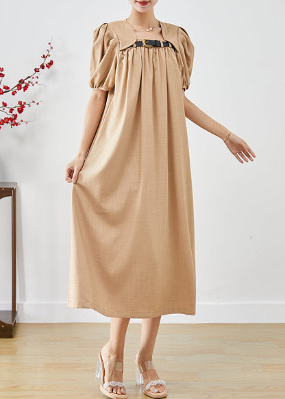 French Khaki Square Collar Cotton a Line Dress Puff Sleeve