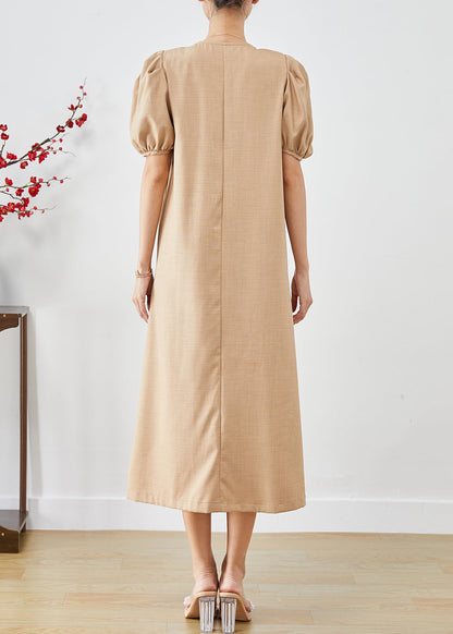 French Khaki Square Collar Cotton a Line Dress Puff Sleeve