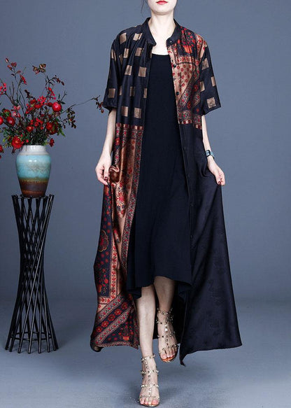 French Khaki Stand Collar Print Retro Summer Chiffon Cardigan