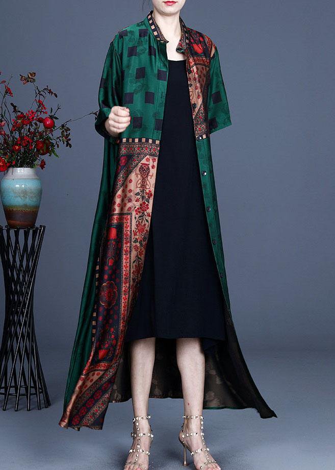 French Khaki Stand Collar Print Retro Summer Chiffon Cardigan