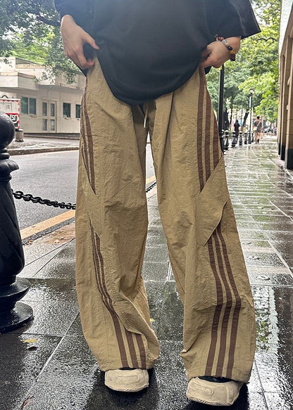 French Khaki Striped Elastic Waist Thin Cotton Pants Summer