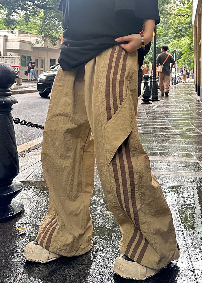 French Khaki Striped Elastic Waist Thin Cotton Pants Summer