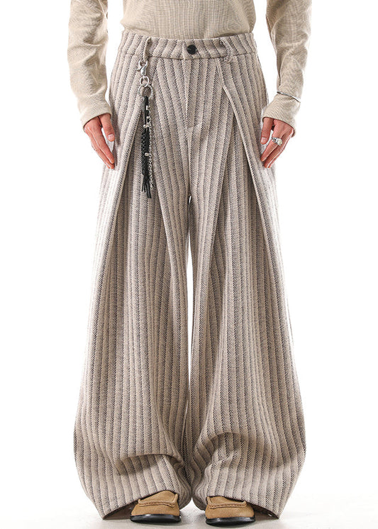 French Khaki Striped Pockets High Waist Woolen Pants Fall