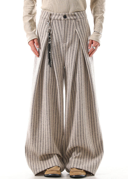 French Khaki Striped Pockets High Waist Woolen Pants Fall