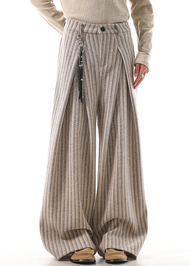 French Khaki Striped Pockets High Waist Woolen Pants Fall
