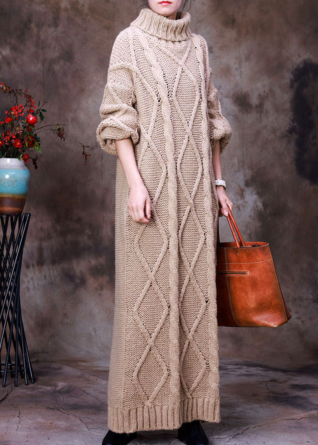 French Khaki Turtle Neck Hollow Out Knit Winter Sweater Dress