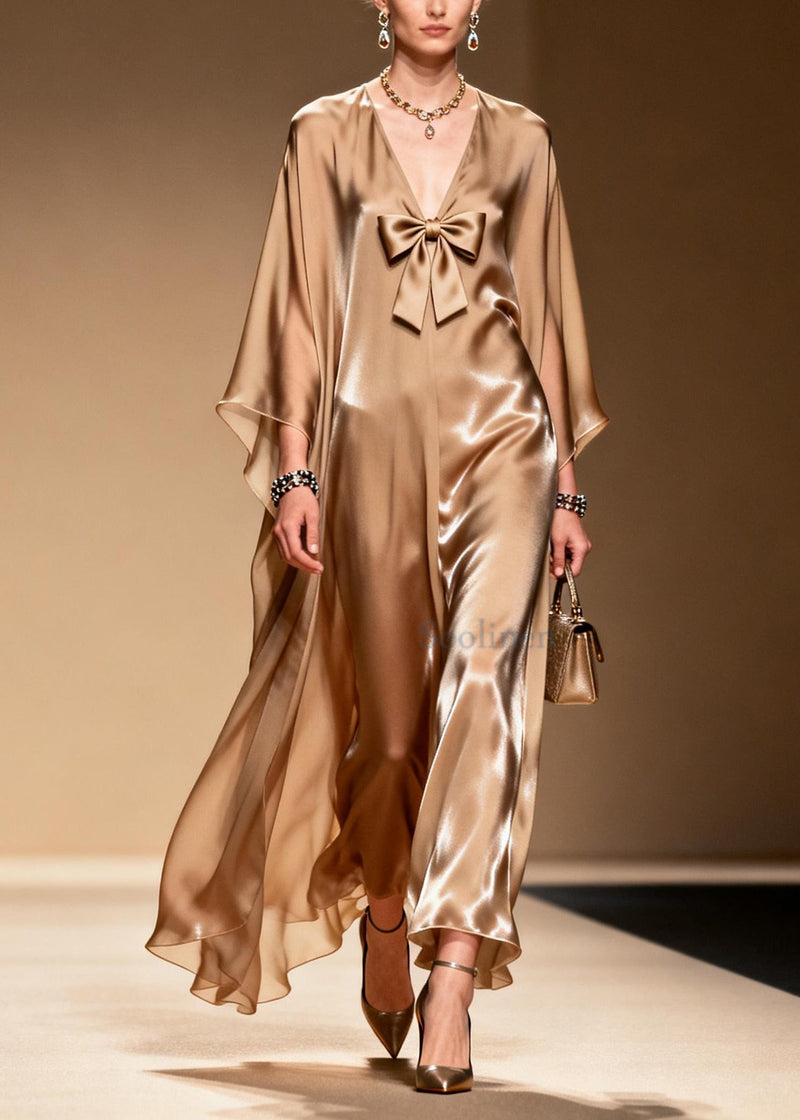 French Khaki V Neck Bow Chiffon Maxi Dress Summer