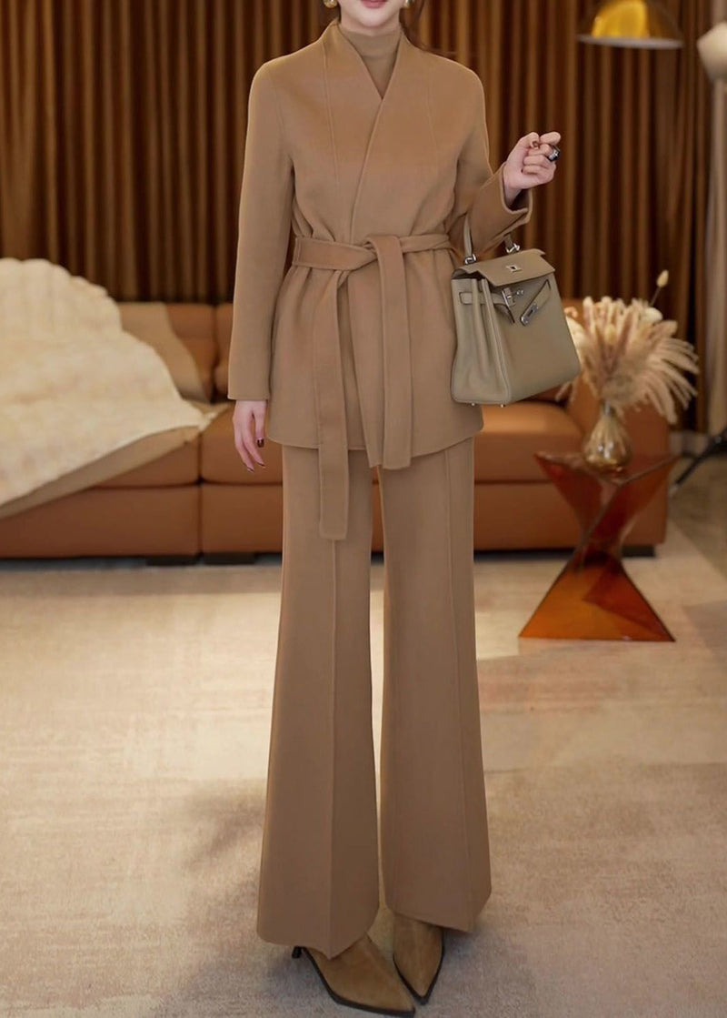 French Khaki V Neck Tie Waist Woolen Two-piece Set Winter
