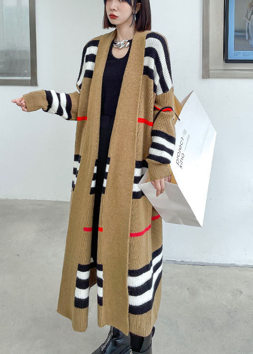 French Khaki Retro Striped Loose Fall Knit Sweater Coat