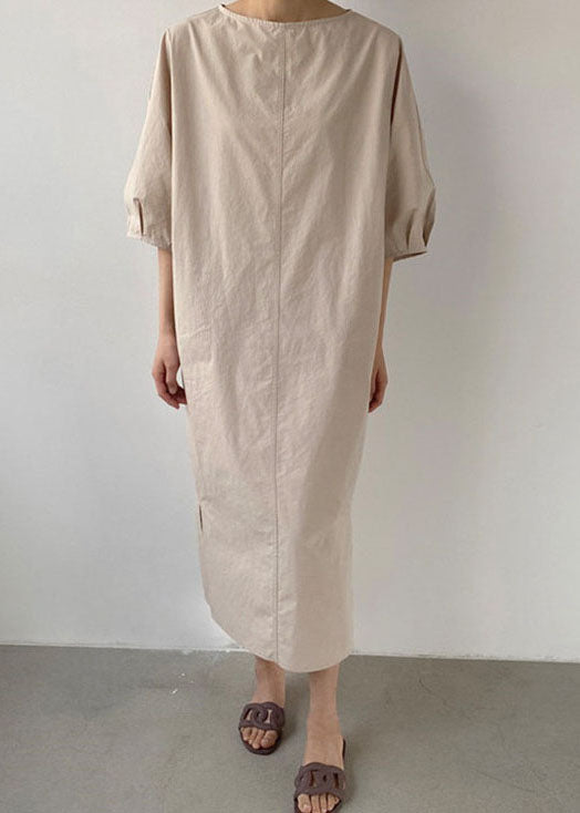 French Khaki Side Open Cotton Dress Half Sleeve