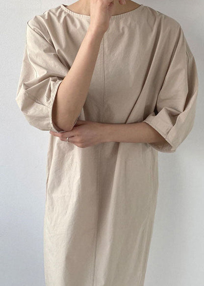 French Khaki Side Open Cotton Dress Half Sleeve