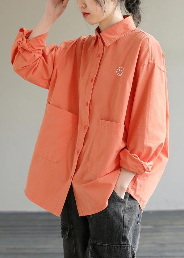 French Lapel Pockets Spring Clothes For Women Photography Orange Smiling Face Shirts