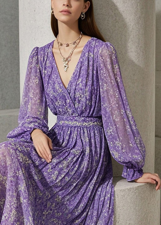 French Lavender Cinched Print Blended Fabric Robe Dresses Fall
