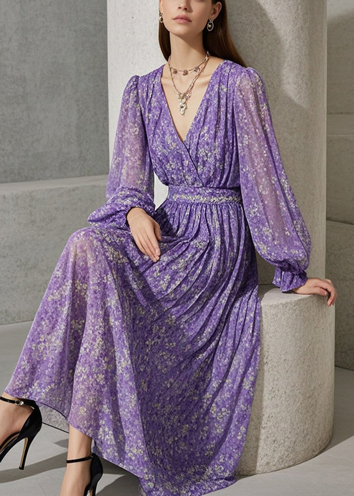 French Lavender Cinched Print Blended Fabric Robe Dresses Fall