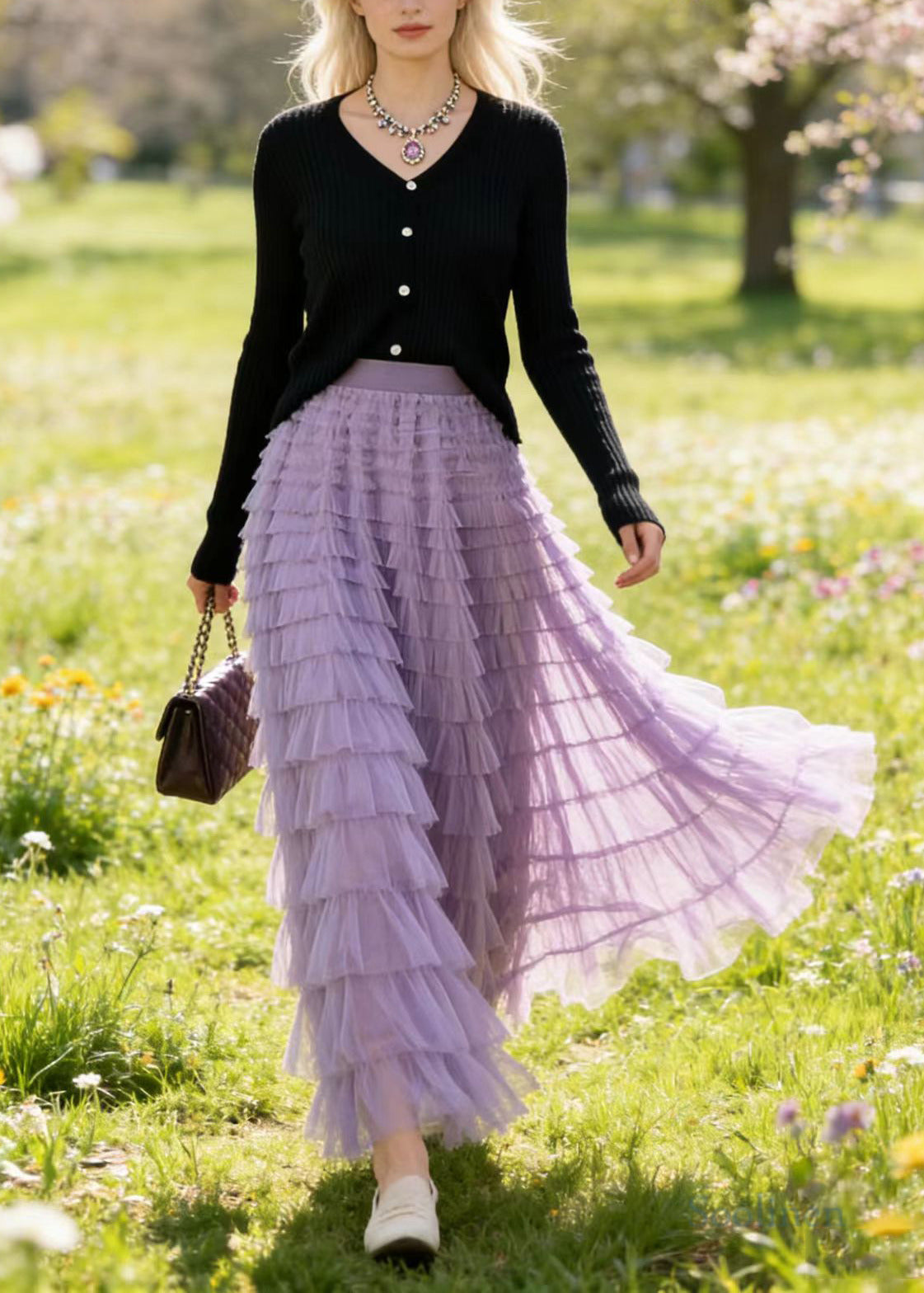 French Lavender High Waist Multi-layer Tulle Skirts Spring