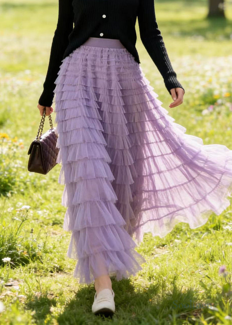 French Lavender High Waist Multi-layer Tulle Skirts Spring