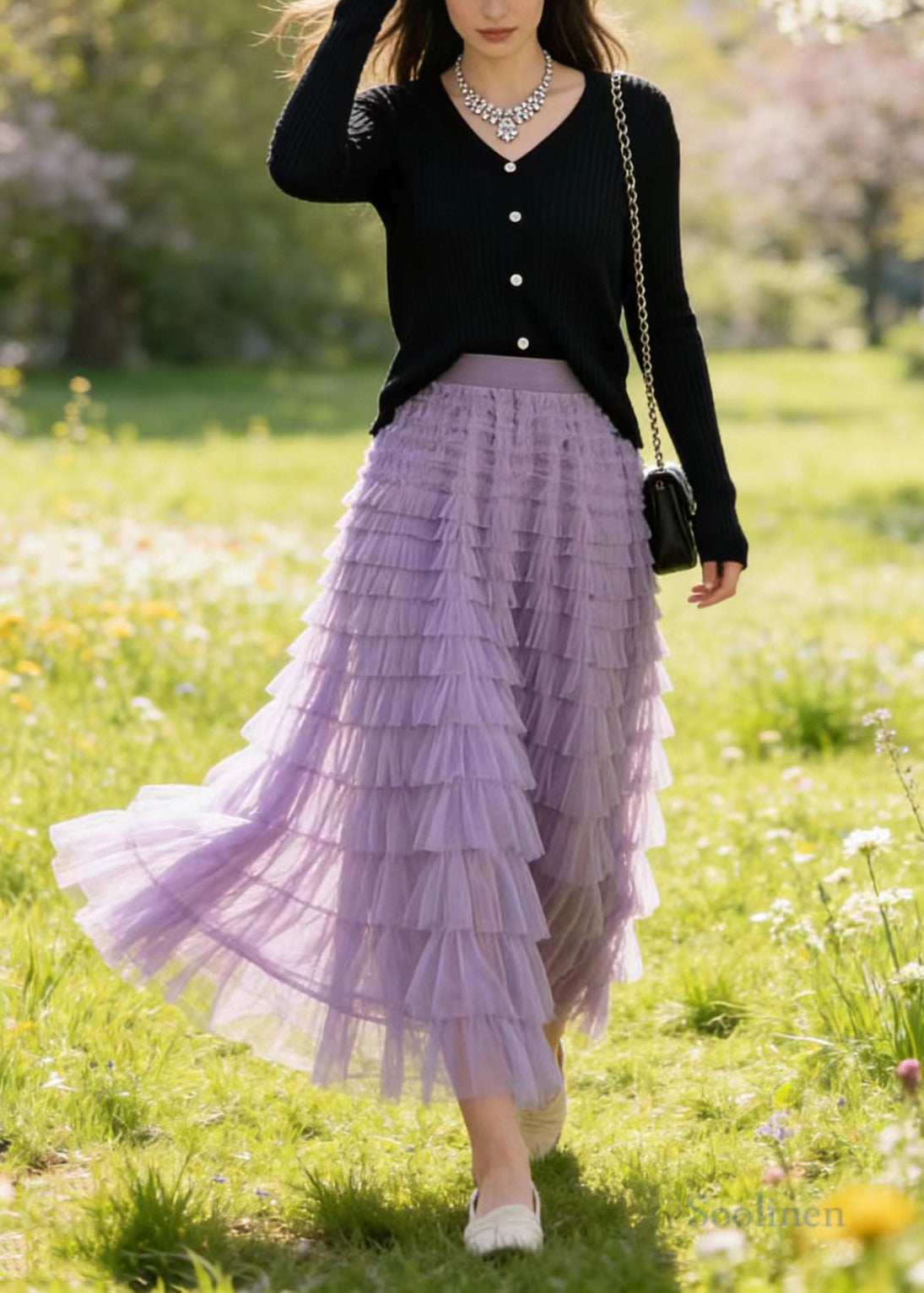 French Lavender High Waist Multi-layer Tulle Skirts Spring
