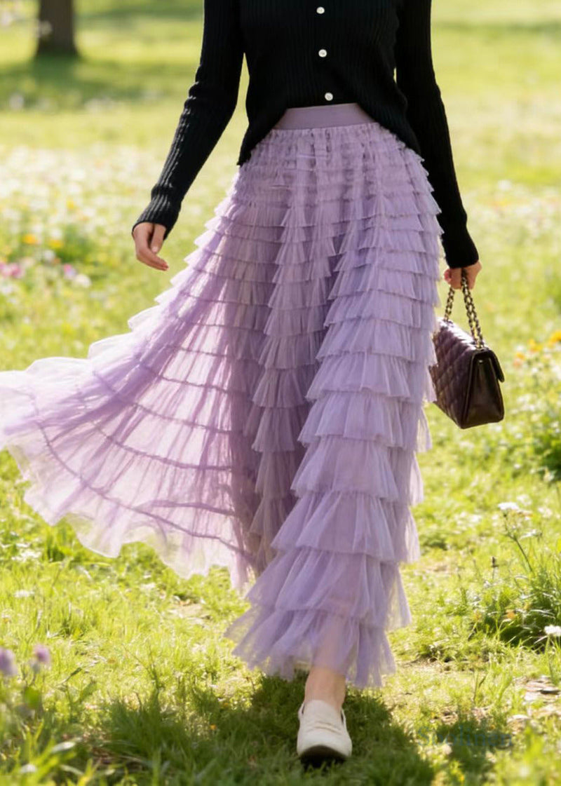 French Lavender High Waist Multi-layer Tulle Skirts Spring