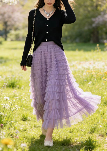French Lavender High Waist Multi-layer Tulle Skirts Spring