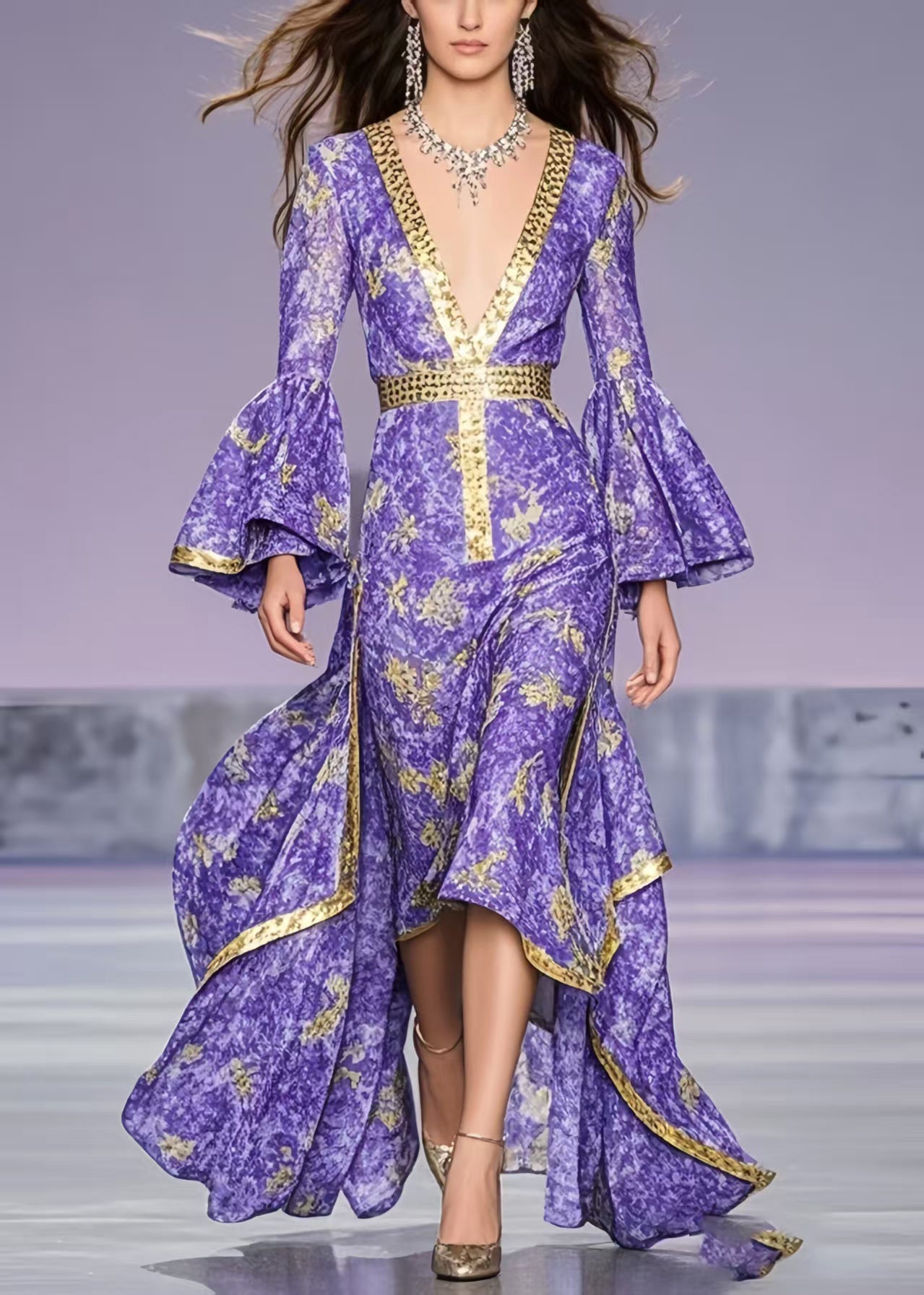 French Lavender Print Asymmetrical Exra Large Hem Party Dress Flare Sleeve
