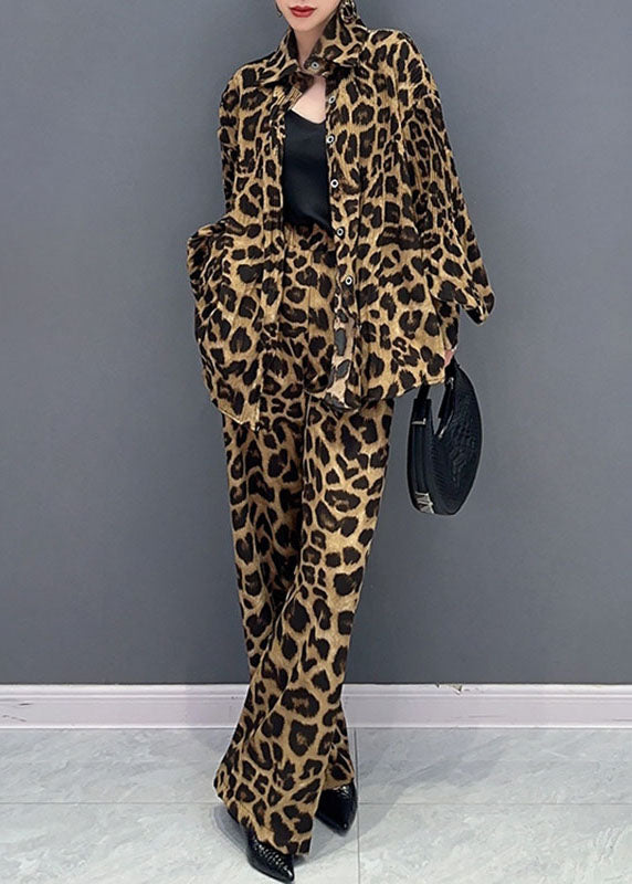 French Leopard Print Peter Pan Collar Shirts and Pants Two Piece Set Long Sleeve