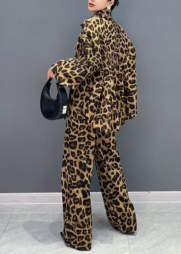 French Leopard Print Peter Pan Collar Shirts and Pants Two Piece Set Long Sleeve