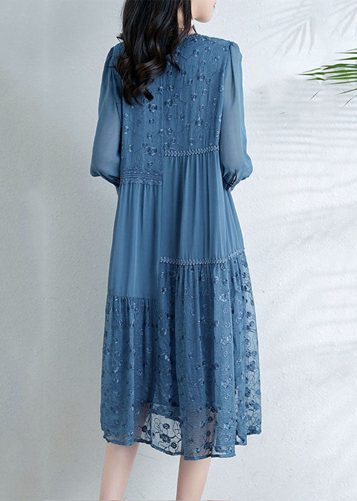 French Light Blue O-neck Asymmetrical Tulle Patchwork Chiffon Vacation Dresses Three Quarter Sleeve