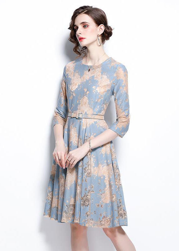French Light Blue O-neck Embroideried Lace Cinch Dresses Bracelet Sleeve