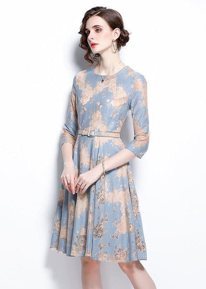 French Light Blue O-neck Embroideried Lace Cinch Dresses Bracelet Sleeve