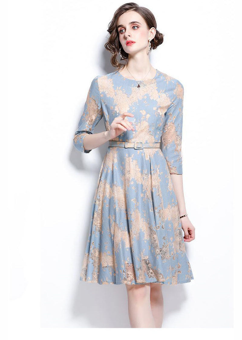 French Light Blue O-neck Embroideried Lace Cinch Dresses Bracelet Sleeve