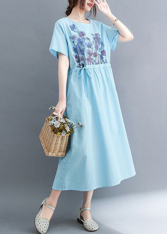 French Light Blue O-neck Print Drawstring Cotton Vacation Dress Short Sleeve