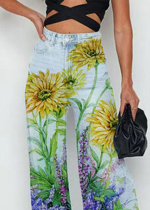 French Light Blue Print High Waist Crop Pants Spring