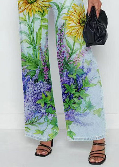 French Light Blue Print High Waist Crop Pants Spring
