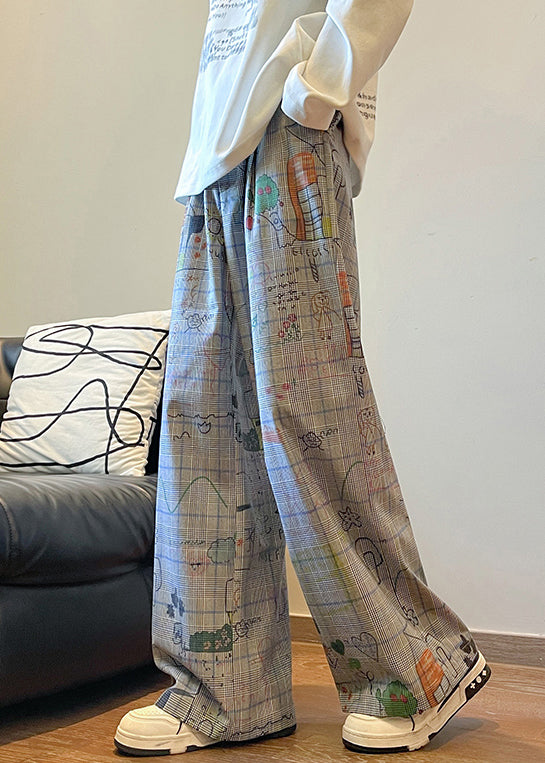 French Light Blue Print Pockets High Waist Cotton Pants Fall