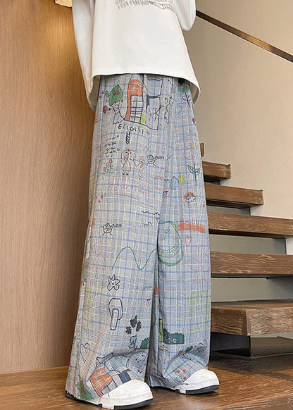 French Light Blue Print Pockets High Waist Cotton Pants Fall