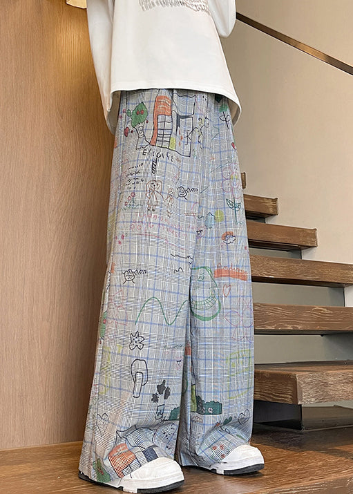 French Light Blue Print Pockets High Waist Cotton Pants Fall