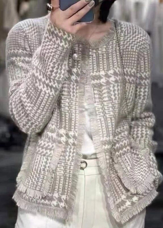 French Light Camel O-neck Tassel Woolen Cardigan Spring