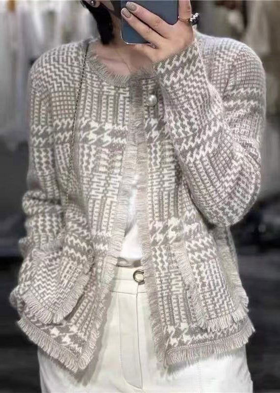 French Light Camel O-neck Tassel Woolen Cardigan Spring