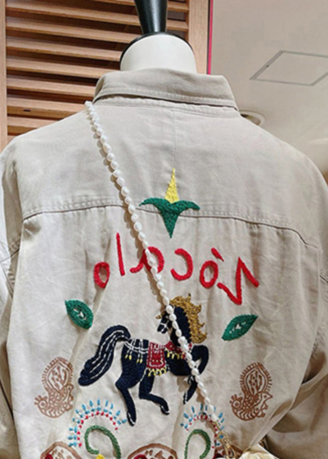 French Light Grey Embroidered Cotton Coat Long Sleeve