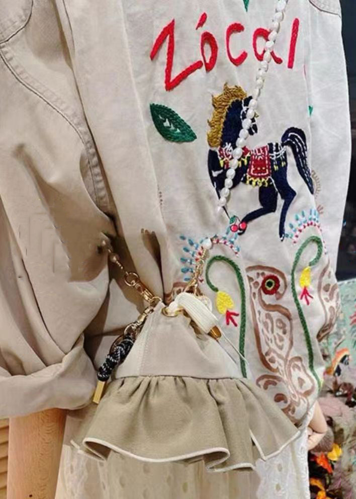 French Light Grey Embroidered Cotton Coat Long Sleeve