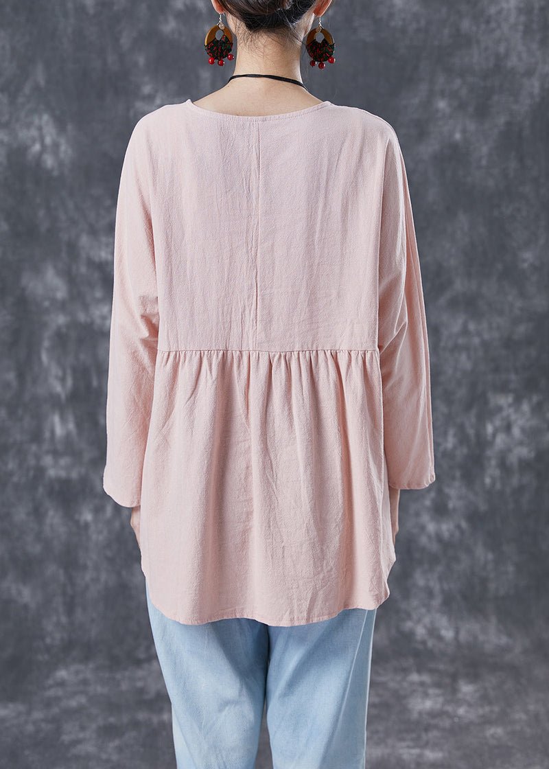 French Light Pink Oversized Patchwork Wrinkled Cotton Shirt Spring