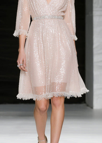French Light Pink Sequins Tasseled Tulle Evening Dress Summer