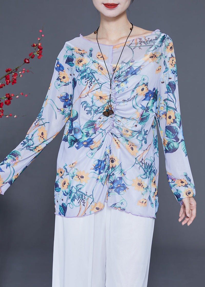 French Light Purple Cinched Print Chiffon Upf 50+ Tops Summer