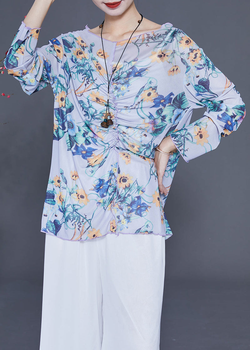 French Light Purple Cinched Print Chiffon Upf 50+ Tops Summer