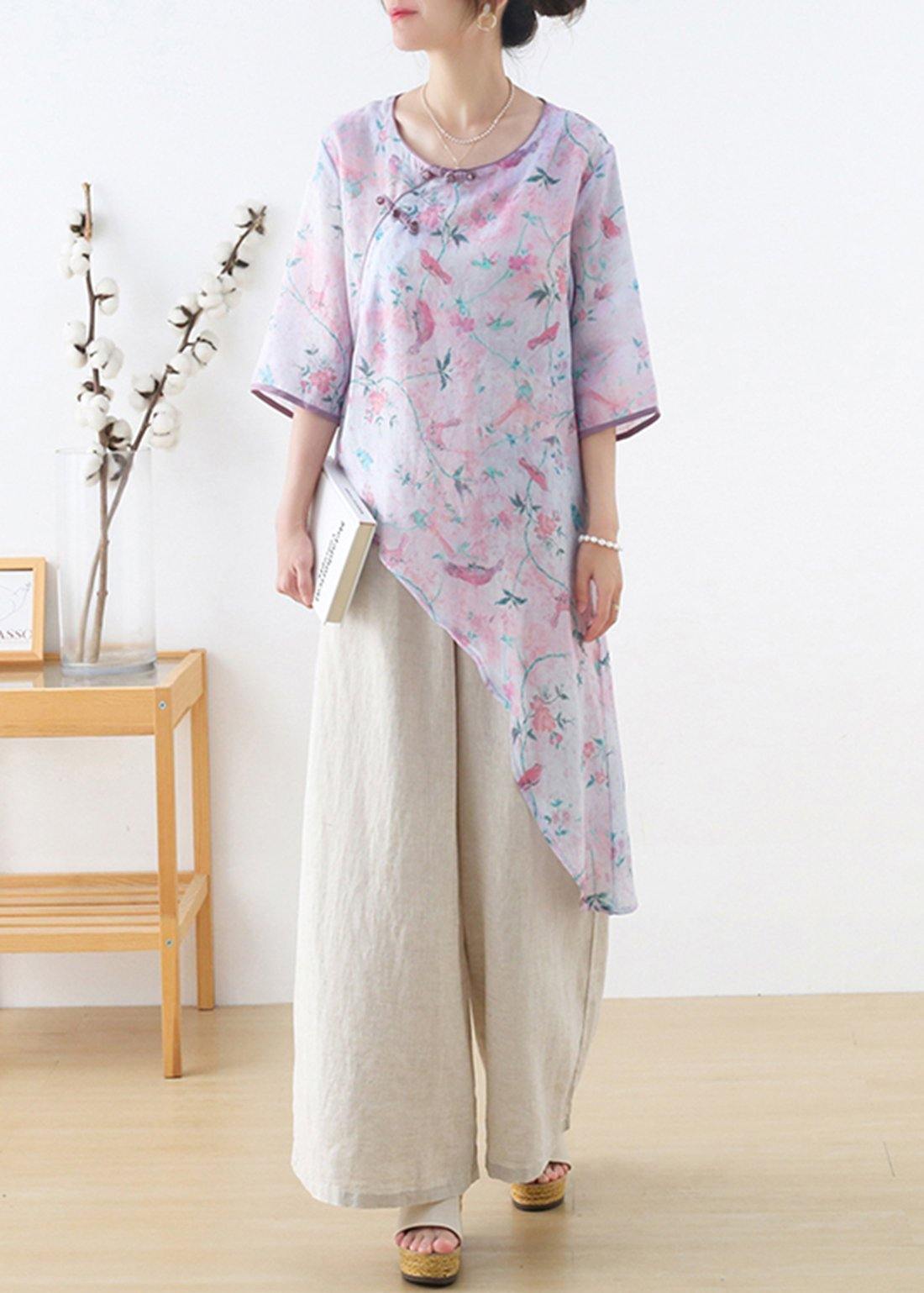 French Light Purple Print Oriental Asymmetrical Design Top Ramie Short Sleeve