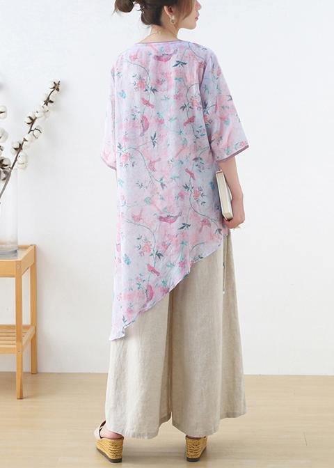 French Light Purple Print Oriental Asymmetrical Design Top Ramie Short Sleeve