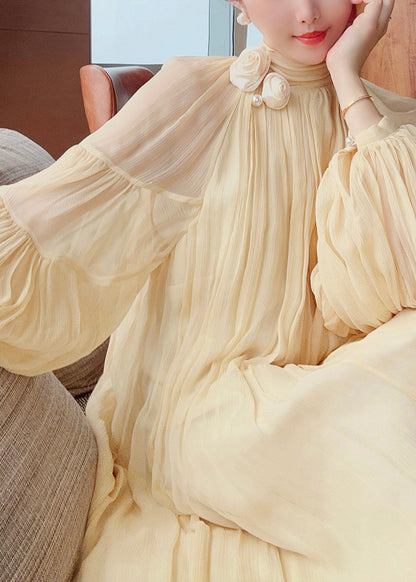 French Light Yellow Wrinkled Patchwork Silk Dress Spring