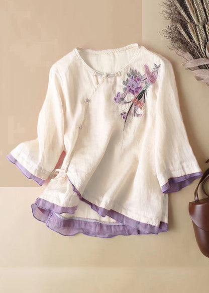 French Linen Embroidered Button Cotton Blouses Half Sleeve