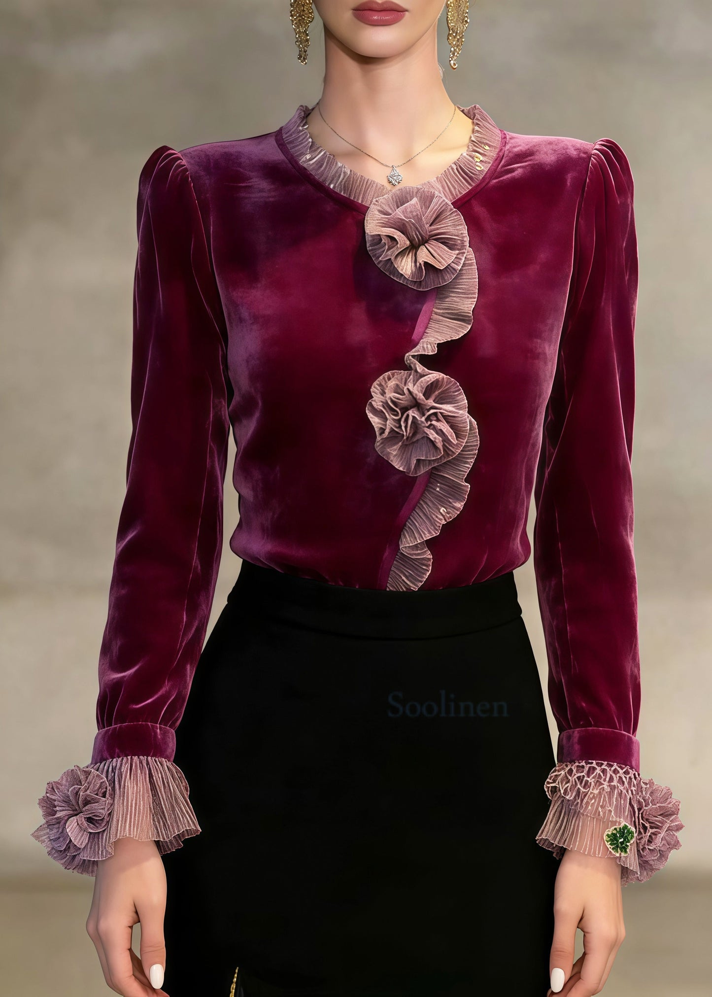 French Mulberry Flower Decorated Patchwork Silk Velour Tops Spring