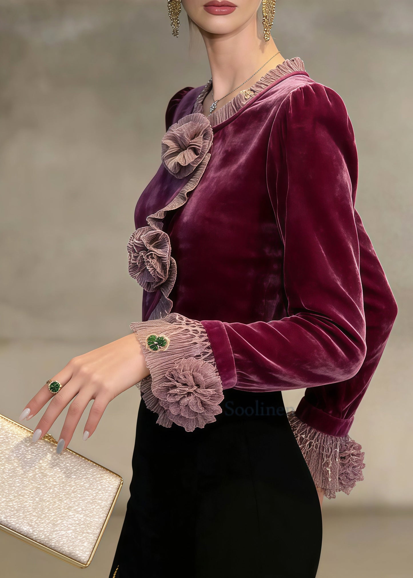 French Mulberry Flower Decorated Patchwork Silk Velour Tops Spring